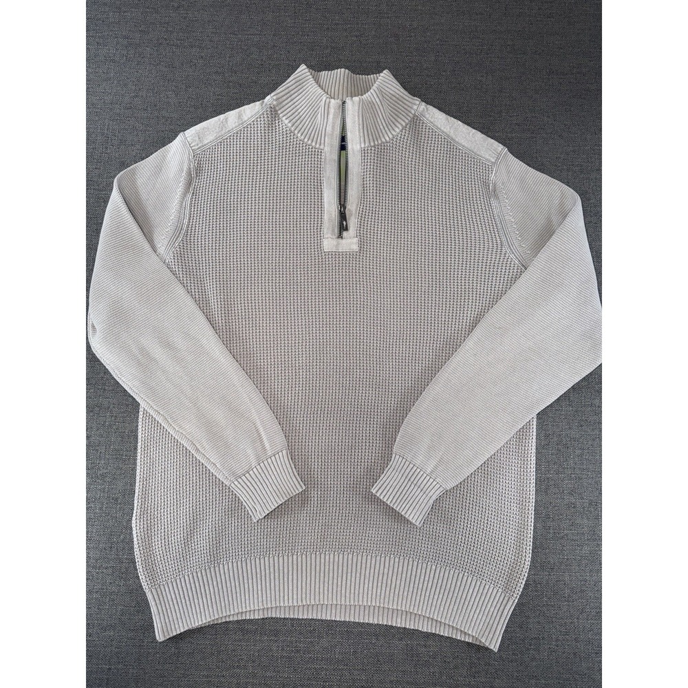 Tommy Bahama‎ Men's Large 1/4 Zip Knit Sweater Beige 100% Cotton Pullover